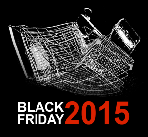 Black and white graphic of a twisted, bent shopping cart in white on a black background. Text reads "Black Friday 2015"