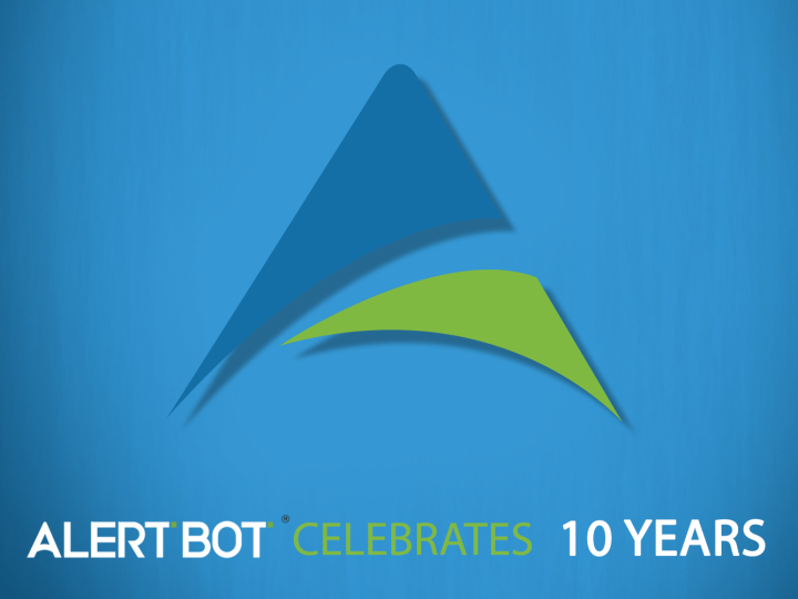 A graphic displaying the AlertBot logo on a blue background with the text "AlertBot Celebrates 10 Years"