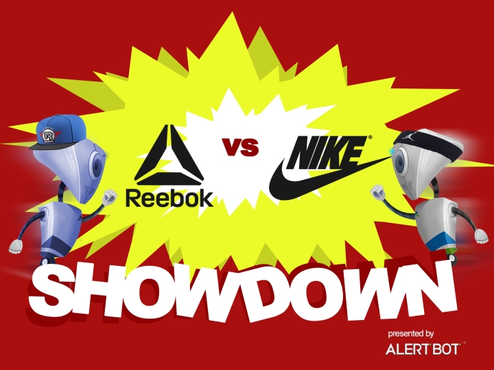 A graphic with a yellow starburst in the center and two robots charging towards each other. Both are wearing athletic brand headwear. Text reads "AlertBot Showdown: Reebok vs Nike" with the word SHOWDOWN very large at the bottom.