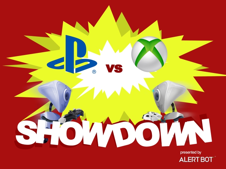A graphic with a yellow starburst in the center and two robots charging towards each other. Both are carrying video game system controllers. Text reads "AlertBot Showdown: Playstation vs XBox" with the word SHOWDOWN very large at the bottom.