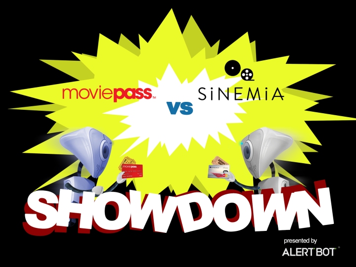 A graphic with a yellow starburst in the center and two robots charging towards each other. Both are carrying membership cards and ticket stubs. Text reads "AlertBot Showdown: moviepass vs sinemia" with the word SHOWDOWN very large at the bottom.