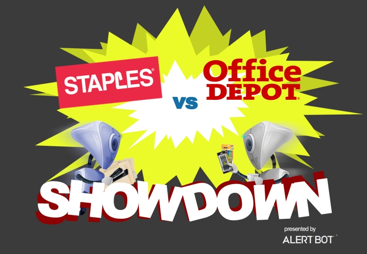 A graphic with a yellow starburst in the center and two robots charging towards each other. Both are carrying office supplies. Text reads "AlertBot Showdown: Staples vs Office Depot" with the word SHOWDOWN very large at the bottom.