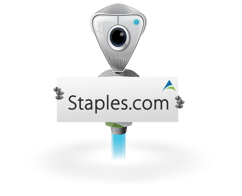 Graphic rendering of a robot with a triangular head and circle eye hovering above the ground and holding up a sign that reads "Staples.com"