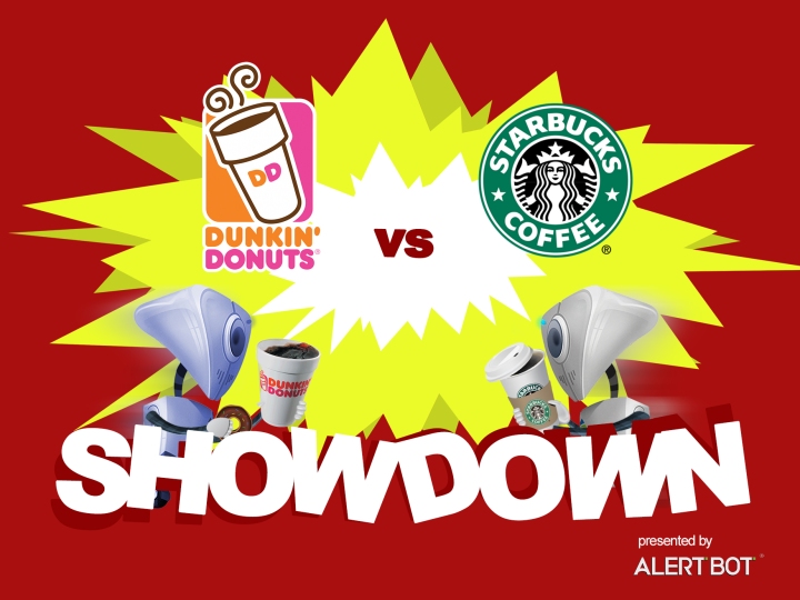 A graphic with a yellow starburst in the center and two robots charging towards each other. Both are carrying travel cups of coffee. Text reads "AlertBot Showdown: Dunkin Donuts vs Starbucks Coffee" with the word SHOWDOWN very large at the bottom.