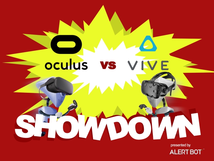 A graphic with a yellow starburst in the center and two robots charging towards each other. Both are wearing Virtual Reality head sets and holding the controls. Text reads "AlertBot Showdown: Oculus vs Vive" with the word SHOWDOWN very large at the bottom.
