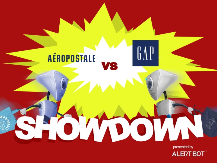 A graphic with a yellow starburst in the center and two robots charging towards each other. Both are carrying shopping bags. Text reads "AlertBot Showdown: Aeropostale vs GAP" with the word SHOWDOWN very large at the bottom.