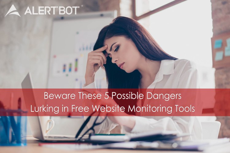 A beautiful woman with brown hair and her right hand to her forehead looking concerned. Her left hand is holding her glasses. She's looking down at her laptop. A chart with graphs is in the background. Text on the image reads "Beware These 5 Possible Dangers Lurking in Free Website Monitoring Tools"
