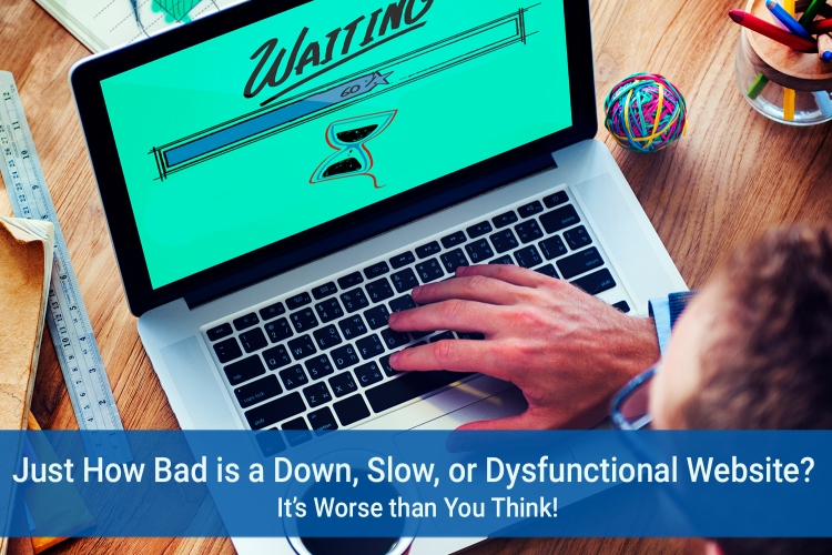 AlertBot Blog titled "Just How Bad is a Down, Slow, or Dysfunctional Website? It’s Worse than You Think!" with an aerial view of a man with his hand on a laptop keyboard with the word "Waiting" and an hourglass on the monitor screen. 