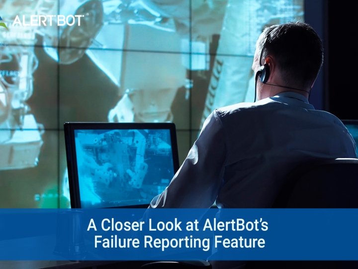 AlertBot Blog titled "A Closer Look at AlertBot's Failure Reporting Feature" with image of a man with a headset on sitting at a computer in front of a screen that looks like a NASA space terminal.