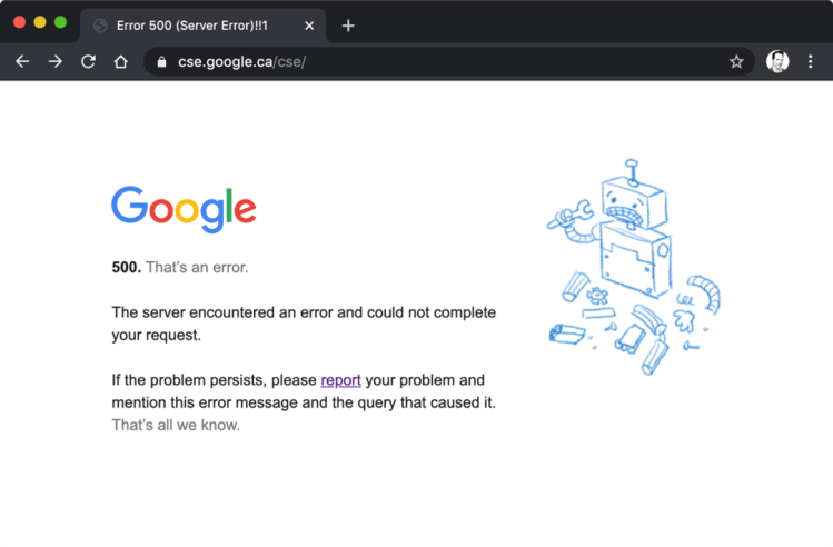 Screenshot of an Apple browser with a Google 500 error page showing a broken robot illustration.